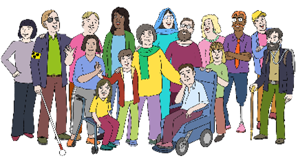 Viele Menschen sind auf dem Bild. Alle sind unterschiedlich. Einer hat einen Blindenstock in der Hand, andere sitzen im Rollstuhl und andere tragen ein Kopftuch. Kinder sind auch dabei.